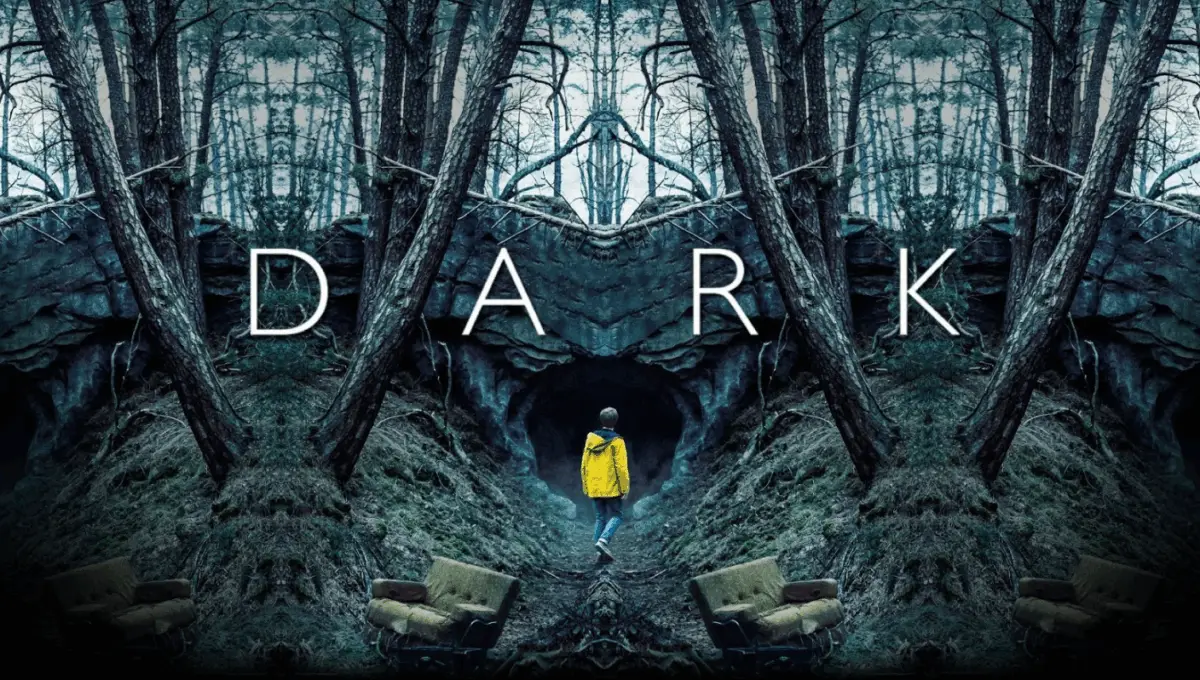 Poster of the Netflix series Dark showing a figure in a yellow coat entering a forest cave, featured in a CIS Bamboo Framework case study on cultural intelligence and storytelling.