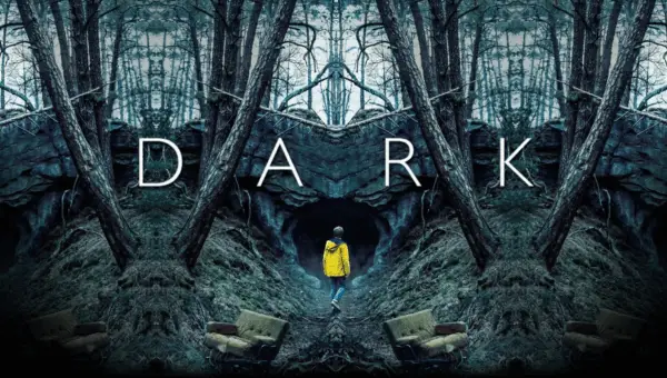 Poster of the Netflix series Dark showing a figure in a yellow coat entering a forest cave, featured in a CIS Bamboo Framework case study on cultural intelligence and storytelling.