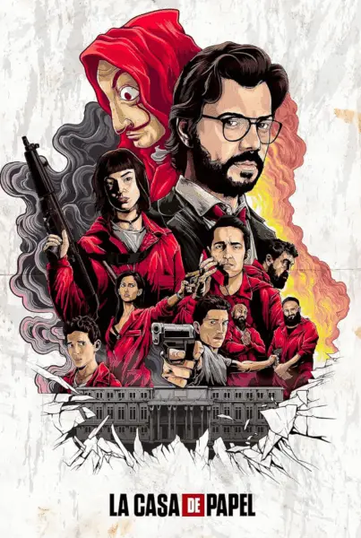 Poster illustration of Money Heist (La Casa de Papel) showing characters in red jumpsuits and Dalí masks, used in a CIS Bamboo Framework case study on storytelling and cultural intelligence.