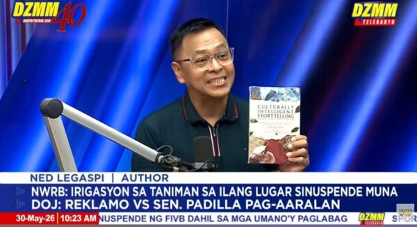 Ned Legaspi discussing his book, Culturally Intelligent Storytelling for Southeast Asian Creators, during an interview on DZMM TeleRadyo.