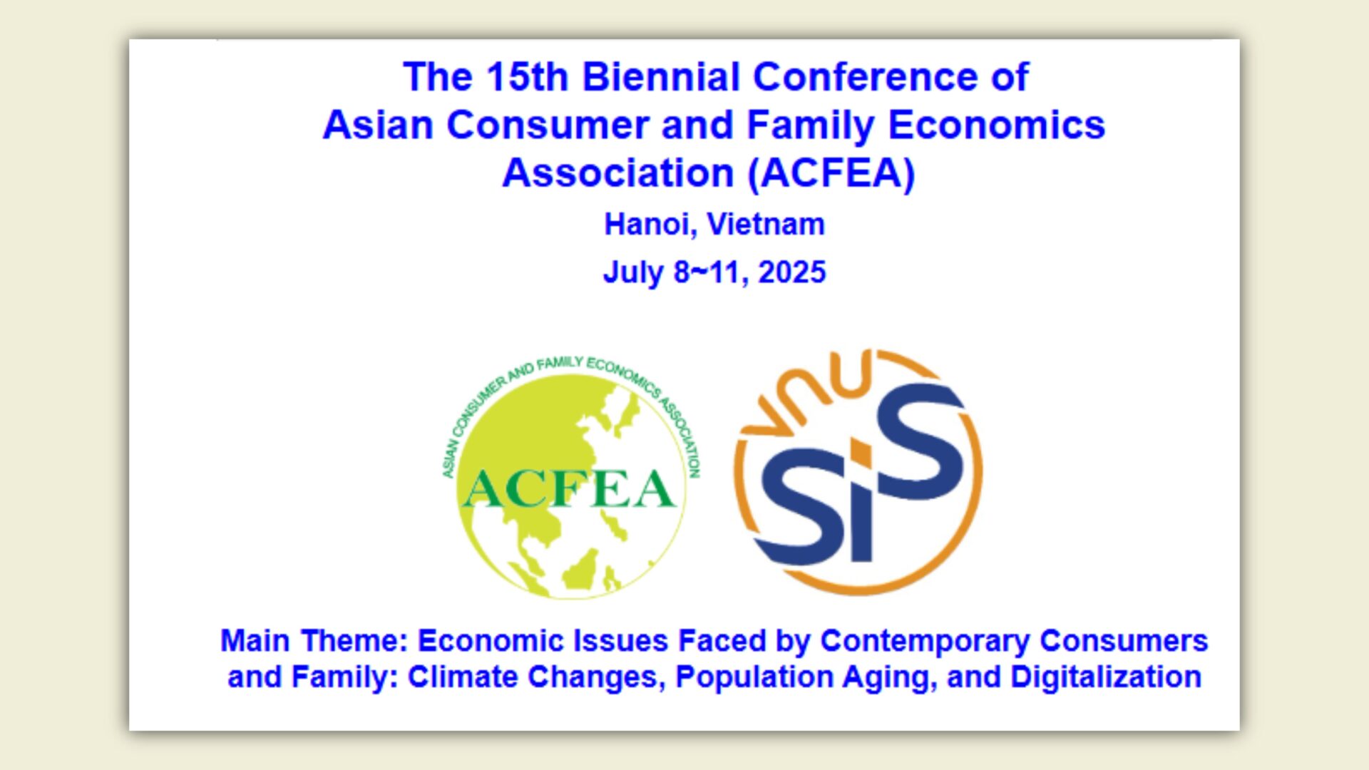 Promotional graphic for the 15th Biennial Conference of the Asian Consumer and Family Economics Association in Hanoi, Vietnam, on July 8 to 11, 2025
