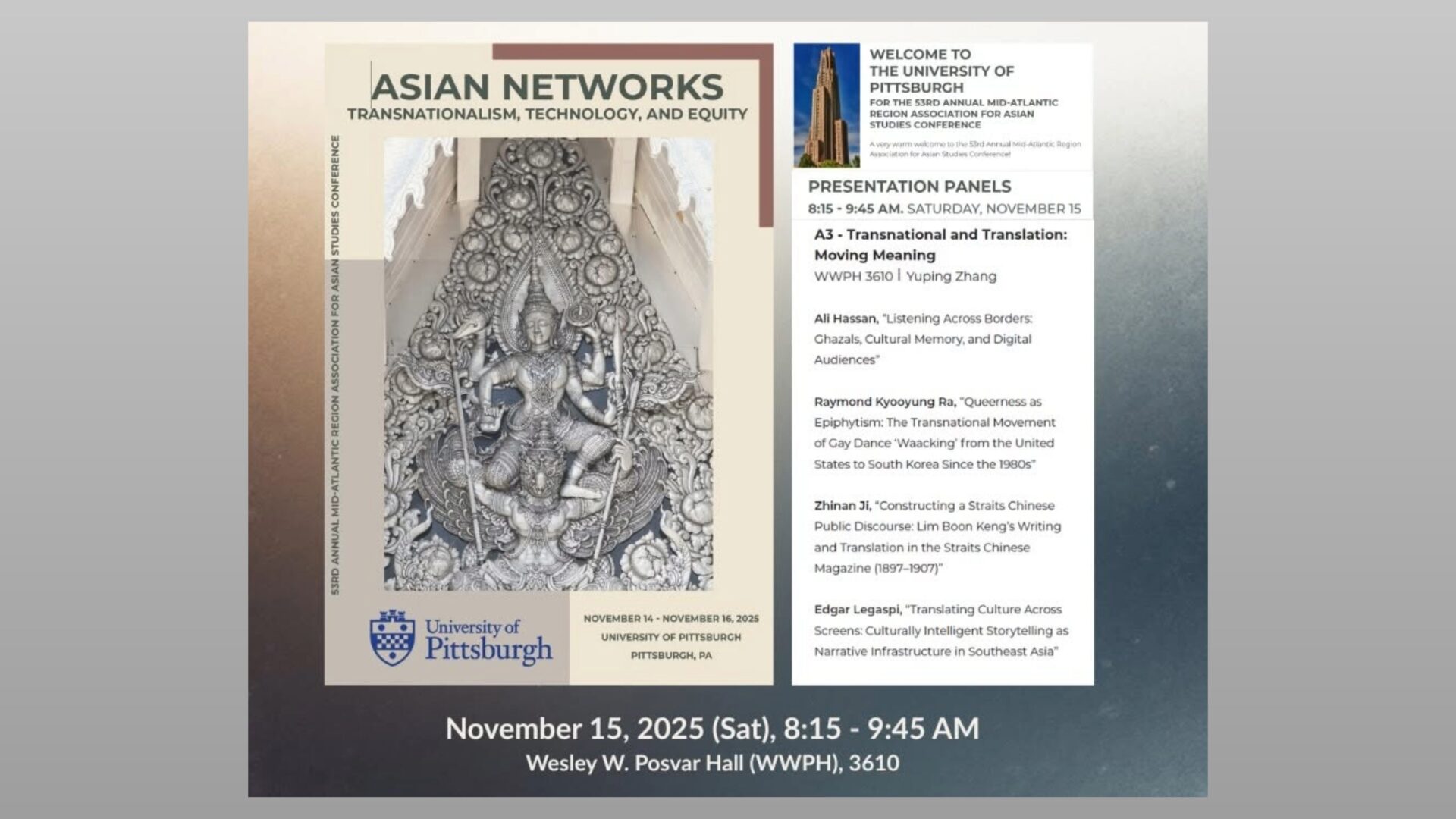 Schedule flyer for the 53rd Annual Mid-Atlantic Region Association for Asian Studies Conference at the University of Pittsburgh, detailing the "Asian Networks: Transnationalism, Technology, and Equity" panels.