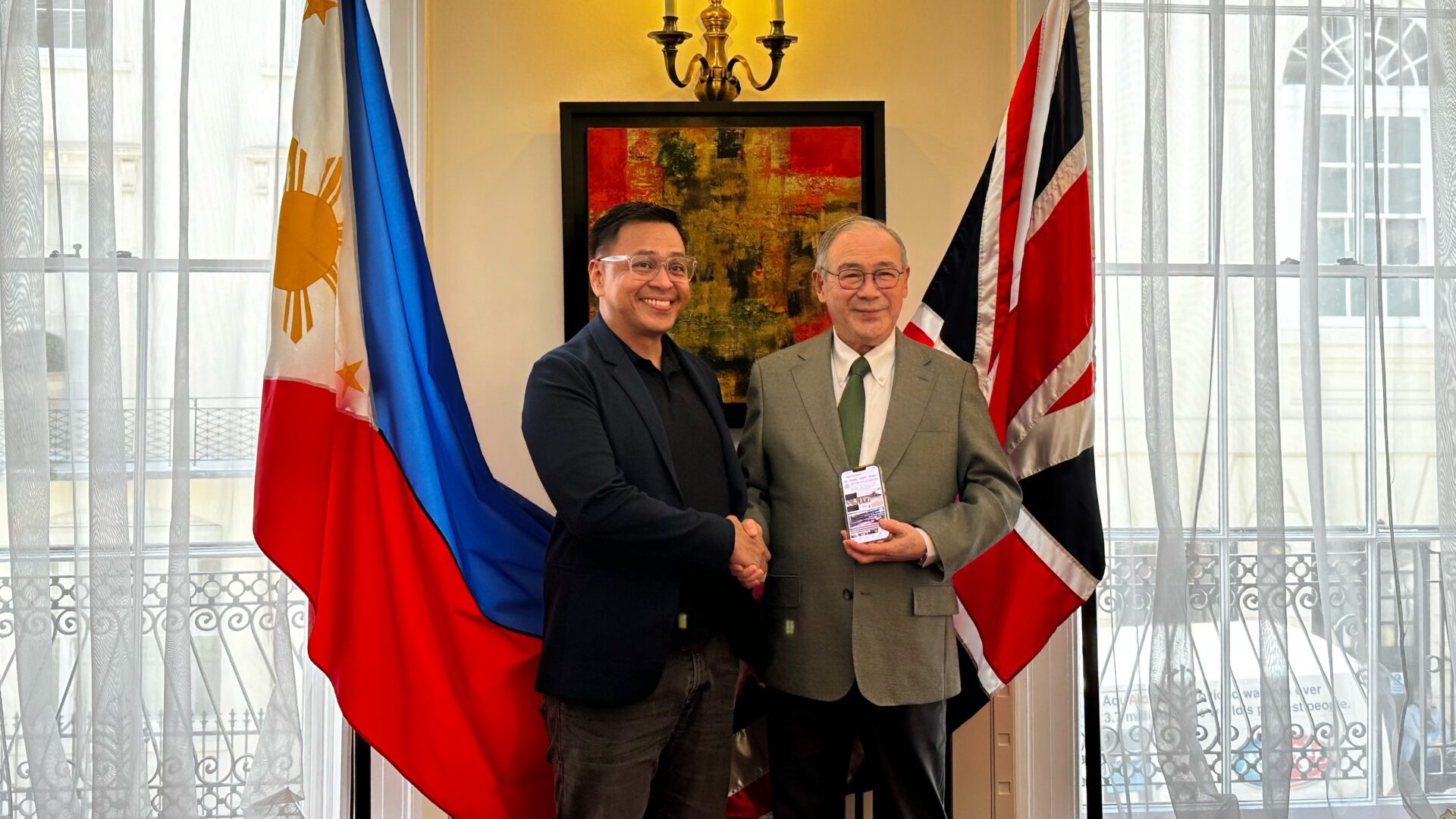 Ned Legaspi with Ambassador Teodoro L. Locsin Jr. at the Philippine Embassy in London