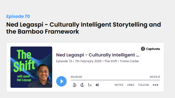 The Shift podcast page featuring Ned Legaspi discussing culturally intelligent storytelling and the Bamboo Framework with host Trisha Carter.