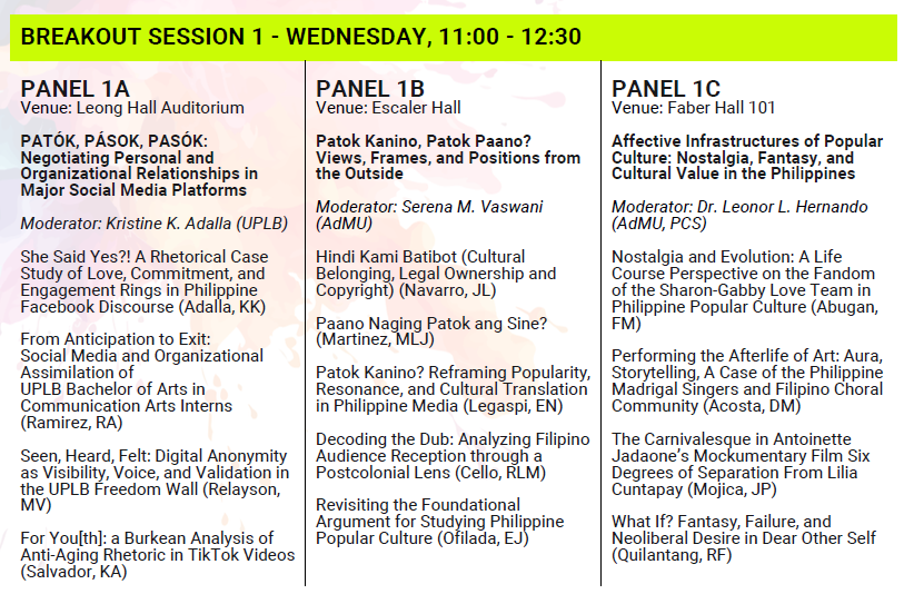 Breakout Session 1 program for the Patok na Patok conference, including Panel 1B and Ned Legaspi's presentation