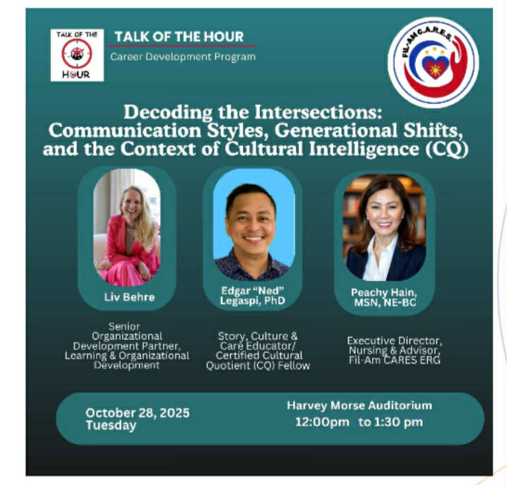 Promotional banner for the Talk of the Hour Career Development Program event titled Decoding the Intersections, featuring speakers Liv Behre, Edgar Ned Legaspi, and Peachy Hain.