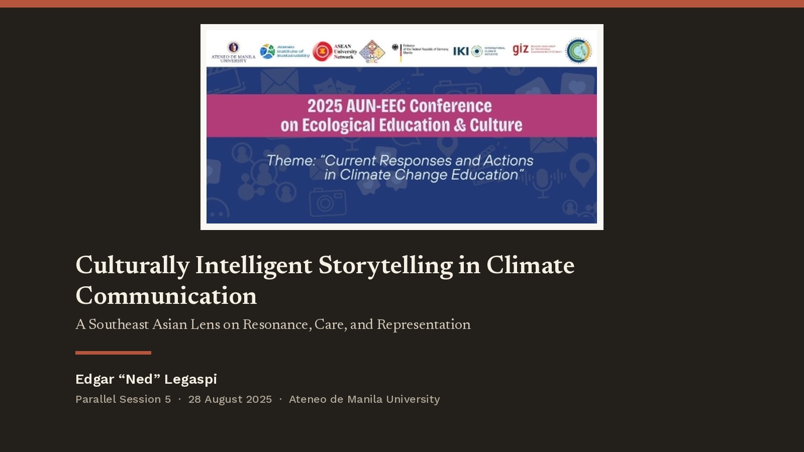 2025 AUN-EEC Conference card for Ned Legaspi paper on culturally intelligent storytelling in climate communication
