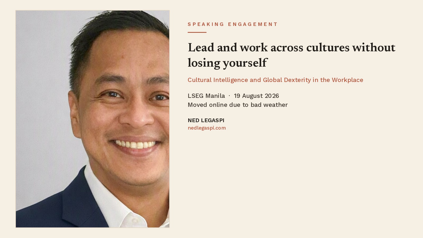 Ned Legaspi speaking on cultural intelligence and global dexterity at LSEG Manila