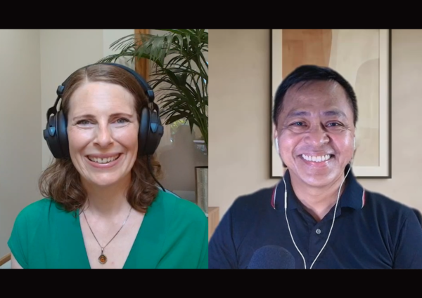 Ned Legaspi and Victoria Rennoldson smiling during their video call recording of the Become a Global Leader podcast