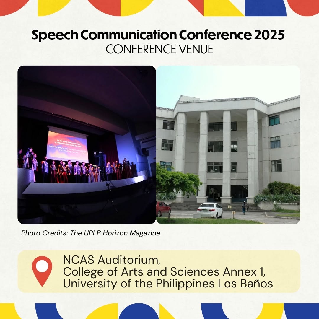 Speech Communication Conference 2025 venue card for the NCAS Auditorium at UP Los Baños